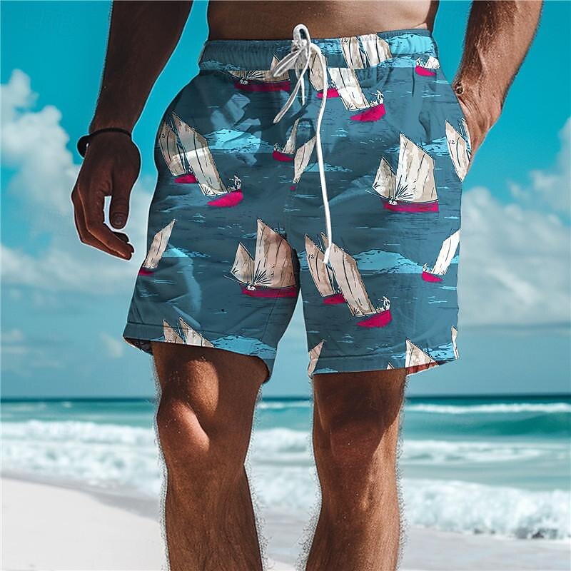 Men's Sailboat Swim Shorts Board Shorts Swimming Trunks Mid Waist Vacation Hawaiian Holiday Vacation Holiday Beach Drawstring with Mesh lining Elastic Waist Designer Clothing Apparel3
