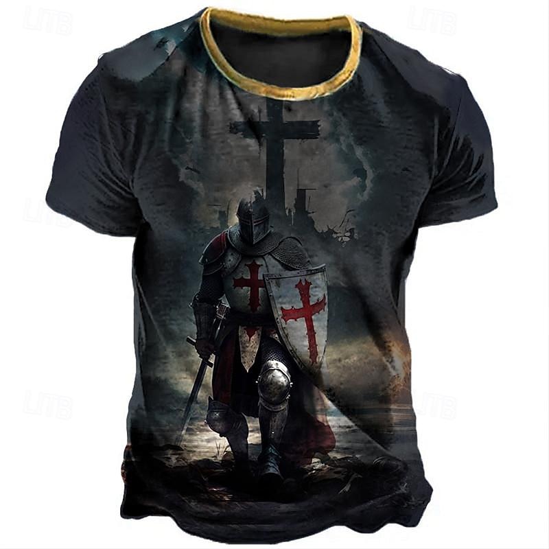 Men's Graphic Knights Templar T Shirt Distressed T Shirt Short Sleeve T shirt 3D Print Crew Neck Shirt Vintage Fashion Designer Outdoor Daily Sports Black Brown Green Spring & Summer Clothing Apparel