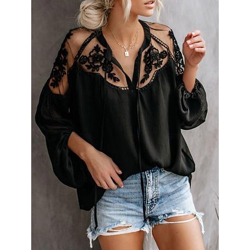 Shirt Lace Shirt Blouse Mesh Patchwork Top Women's Black White Solid Color Lace up Mesh Street Daily Fashion V Neck S2