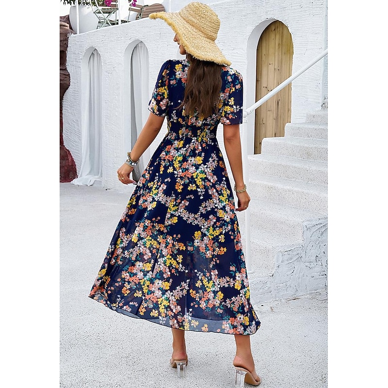 Women's Sheath Dress Chiffon Dress Sundress Floral Graphic Elastic Waist Print V Neck Cold Shoulder Long Dress Maxi Dress Elegant Tropical Party Date Short Sleeve Summer Spring 12