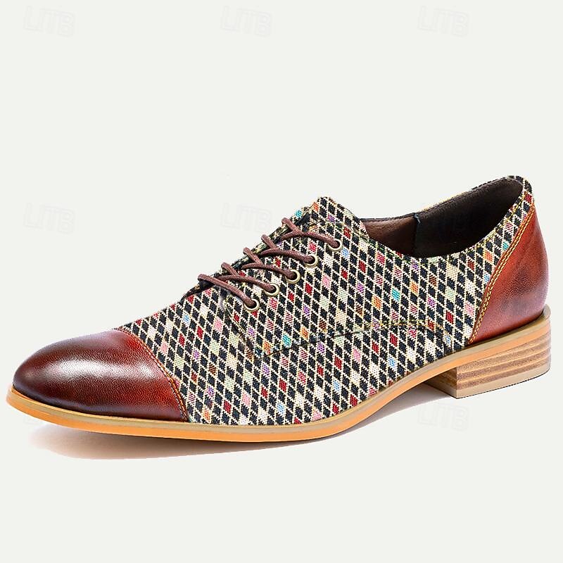 Men's Premium Cowhide Leather Lace-Up Oxford Shoes – Vintage Diamond Patterned Design with Brown Leather Accents, Ideal for Formal and Casual Occasions3