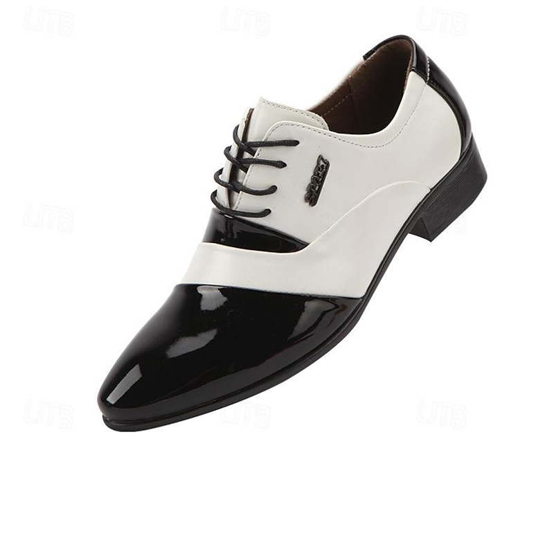Men's Black and White Patent Faux Leather Oxford Shoes – Sleek Lace-Up Design, Modern Formal Style for Weddings, Business, and Special Occasions3