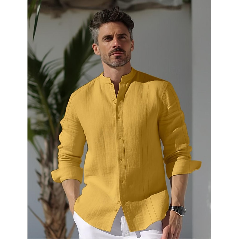 100% Linen Men's Linen Shirt Shirt Button Up Shirt Beach Shirt Yellow Navy Blue Green Long Sleeve Plain Stand Collar Spring &  Fall Outdoor Daily Clothing Apparel3