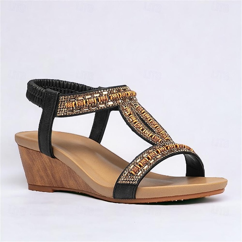 Women's Black Wedge Sandals with Rhinestone Embellishments and Elastic Strap – Stylish and Comfortable Summer Footwear4