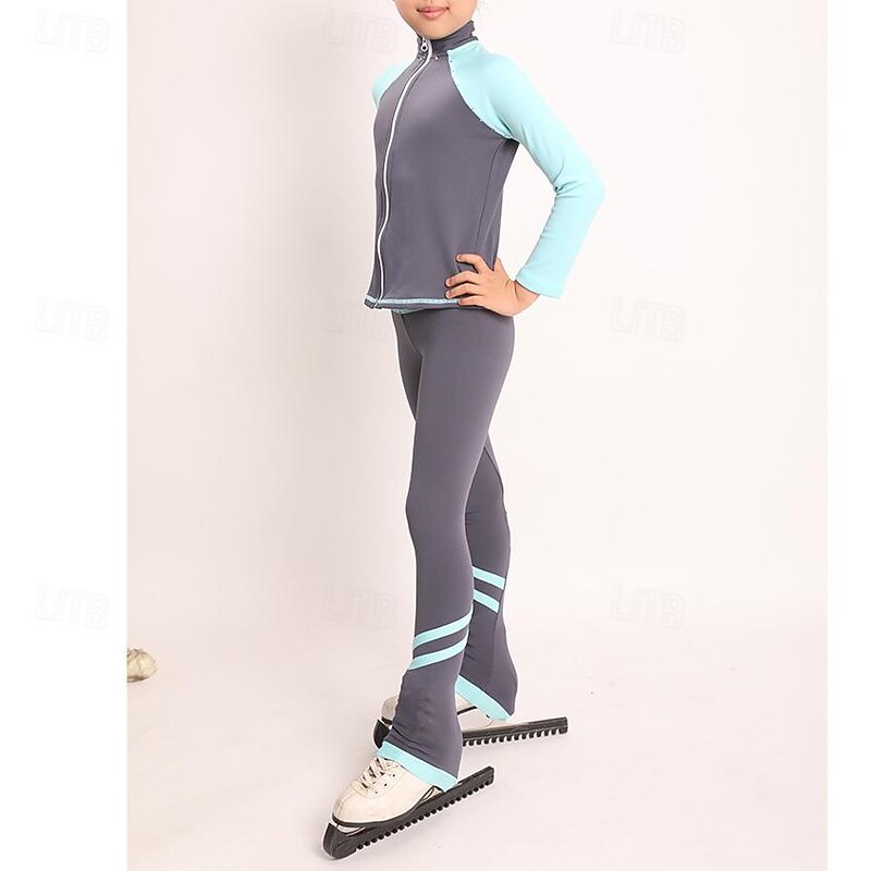 Figure Skating Jacket with Pants Women's Girls' Ice Skating Tights Outfits Light Grey High Elasticity Training Practice Professional Skating Wear Thermal Warm Crystal / Rhinestone Long Sleeve Ice3