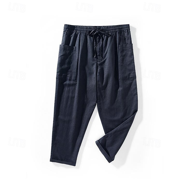 100% Linen Men's Linen Pants Trousers Summer Pants Pocket Drawstring Elastic Waist Plain Breathable Comfortable Daily Vacation Going out Classic Casual Navy Blue Light Grey3