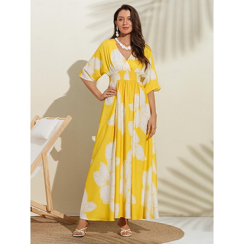 Satin Yellow Flower Print Corset Beach Dress4