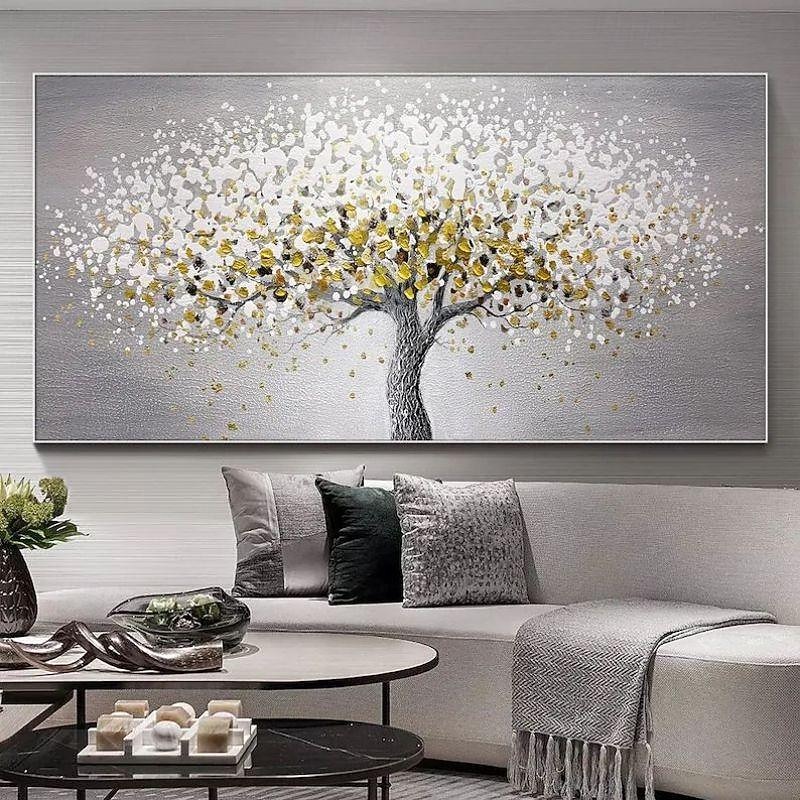 Handmade Canvas Wall Art Living Room Decorative Painting Modern Simple Sofa Background Wall Light Luxury Oil Painting Fortune Tree for Home Decor Rolled Frameless Unstretched Painting