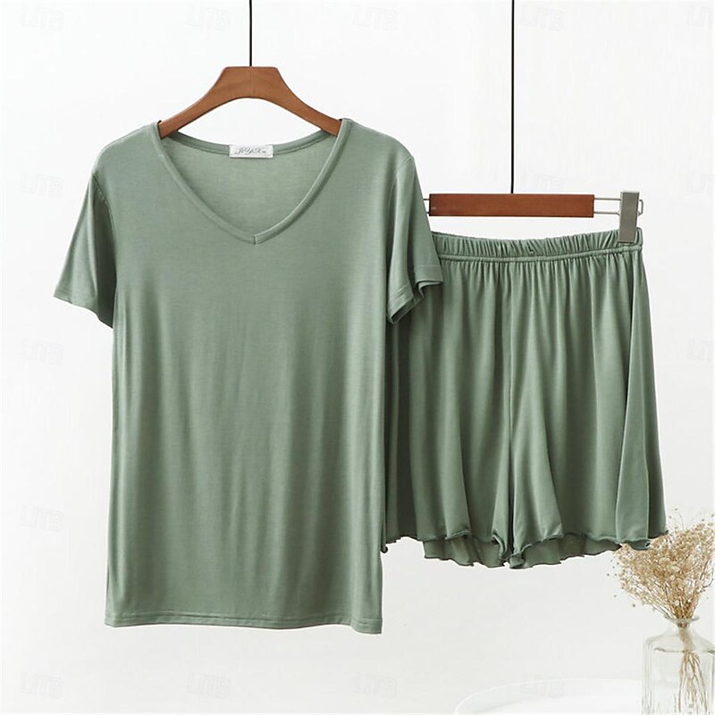 Women's Pajamas Sets Pure Color Fashion Comfort Home Daily Bed Modal Breathable V Wire Short Sleeve T shirt Tee Shorts Elastic Waist Summer Spring Home Outfits