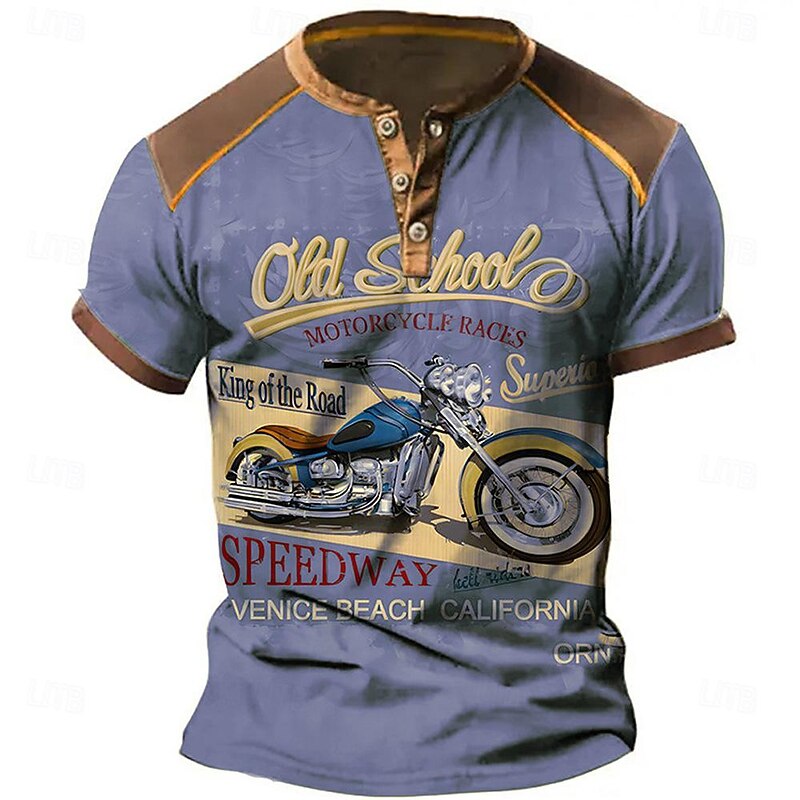 Men's Graphic Motorcycle Henley Shirt Short Sleeve 3D Print Fashion Designer Comfortable Outdoor Daily Summer Navy Blue Blue Sky Blue Purple Brown Henley Henley T-Shirt3