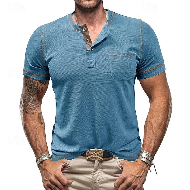 Men's Waffle Tee Button T Shirt T Shirt Waffle Henley Shirt Short Sleeve Henley Spring & Summer Plain Fashion Designer Basic Patchwork Pocket Vacation Street Going out Wine Black Royal Blue Top Tee2