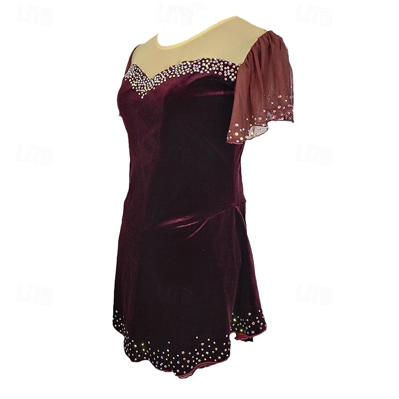 Figure Skating Dress Women's Girls' Ice Skating Dress Burgundy Patchwork Asymmetric Hem Mesh Spandex Stretchy Training Practice Professional Skating Wear Crystal / Rhinestone Short Sleeve Figure4