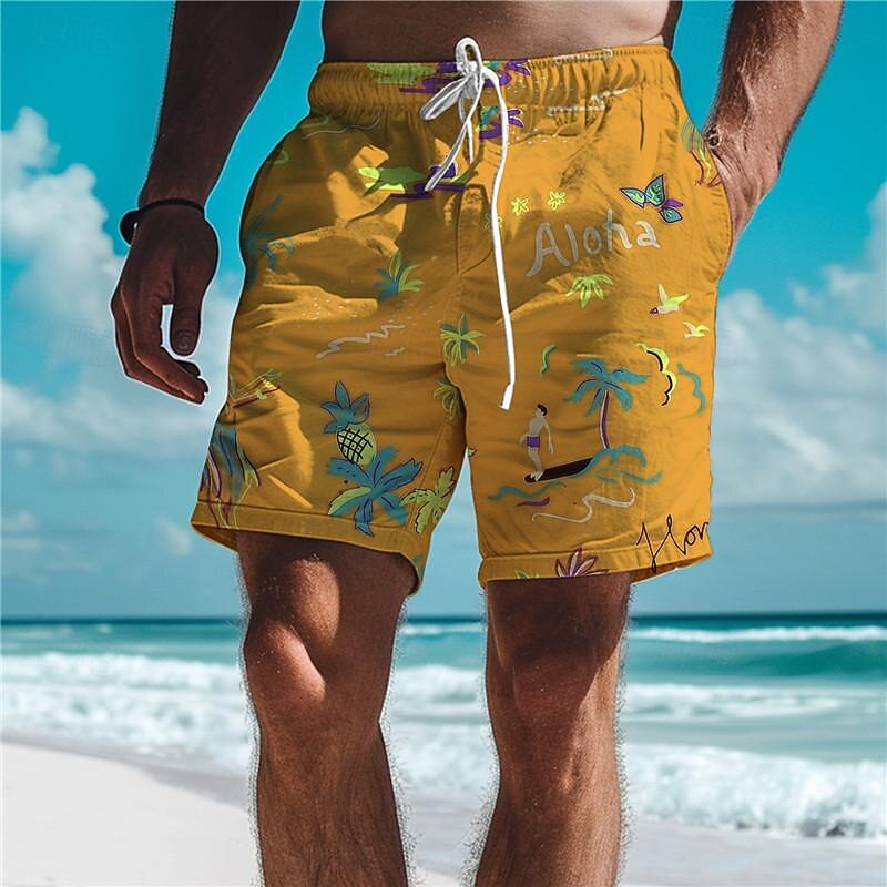 Men's Pineapple Coconut Tree Swim Trunks Swim Shorts Board Shorts Mid Waist Vacation Hawaiian Holiday Vacation Holiday Beach Drawstring with Mesh lining Elastic Waist Designer Clothing Apparel2