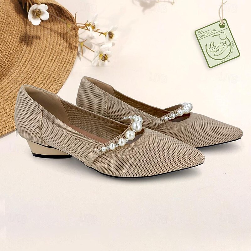 Women's Heels Plus Size Flyknit Shoes Soft Shoes Wedding Office Work Rhinestone Imitation Pearl Chunky Heel Pointed Toe Fashion Classic Comfort Walking Knit Loafer Black Red Blue