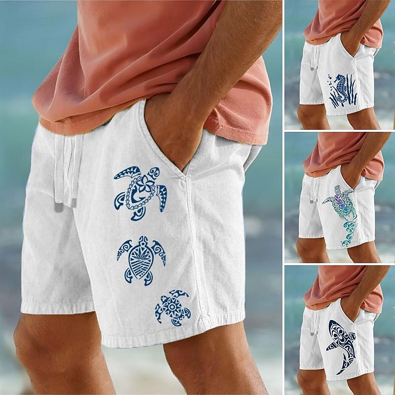 Men's Animal Hippopotamus Sea Turtle Shorts Summer Shorts Beach Shorts Mid Waist Hawaiian Casual Outdoor Holiday Going out Drawstring Elastic Waist Print Designer Clothing Apparel