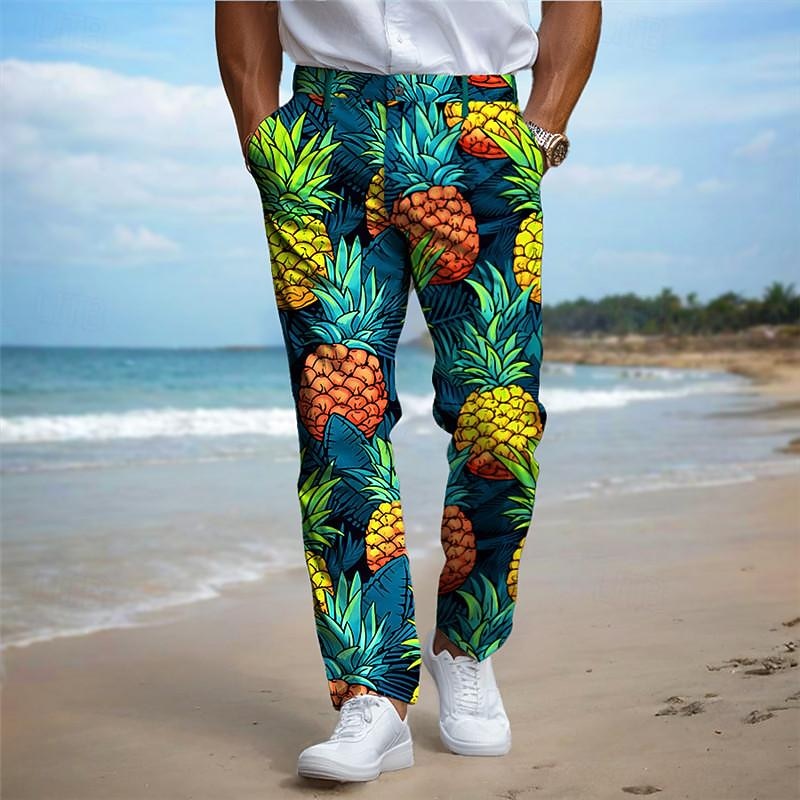 Pineapple Vacation Hawaiian Men's Resort 3D Printed Dress Pants Flat Front Straight-Leg Polyester Medium Waist Pants Outdoor Vacation Holiday Daily Wear S TO 3XL3