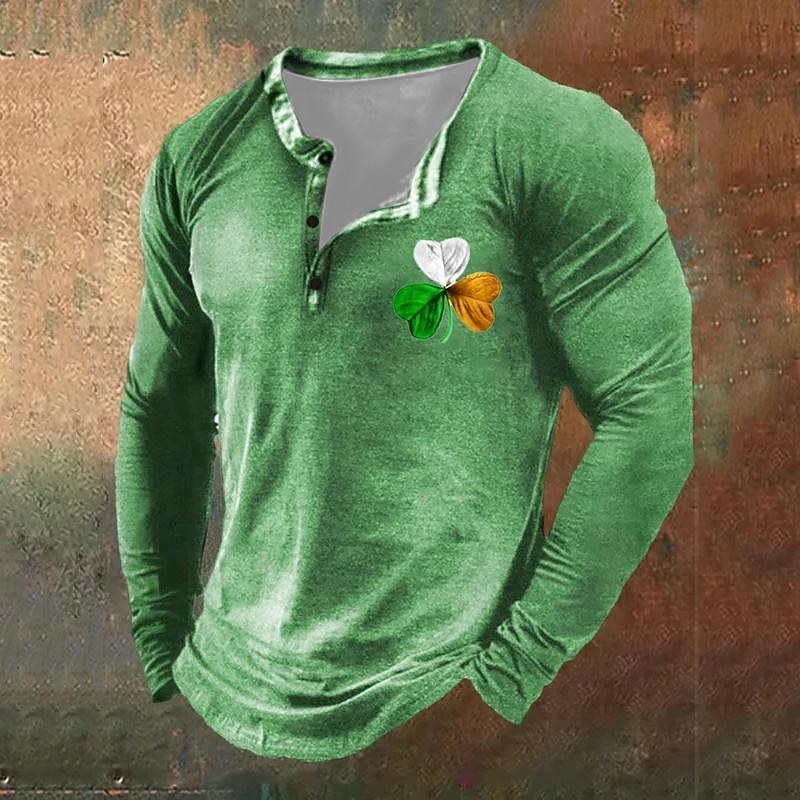 St Patrick St Paddys Shamrock Men's Fashion Daily Casual 3D Print T Shirt Tee Henley Shirt Holiday Going out St. Patrick T shirt Black Purple Green Long Sleeve Henley Shirt Spring & Fall Clothing