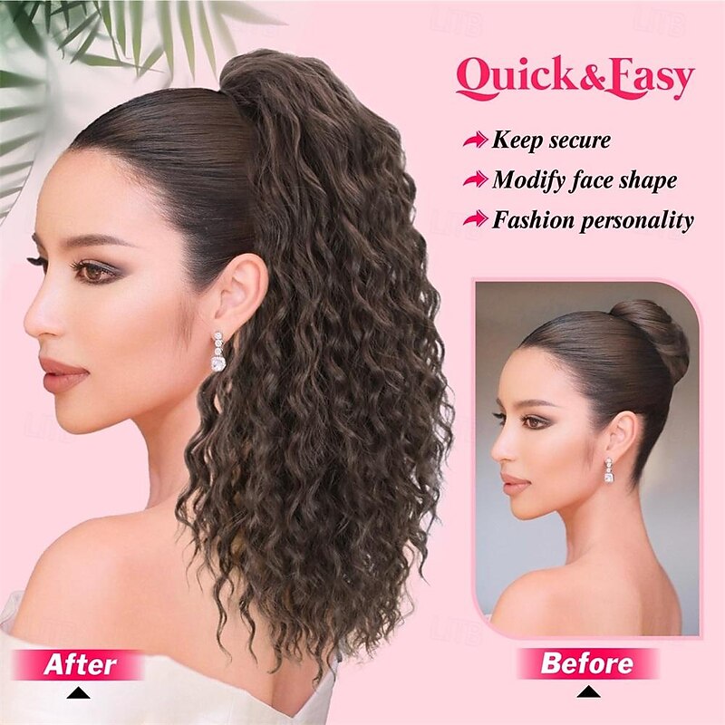 Ponytail Extension Yaki Texture Curly Drawstring Ponytail for Black Women 20 Inch Long Wavy Curly Clip in Ponytails Fake Pony Tails Hair Extensions Synthetic Hairpieces4