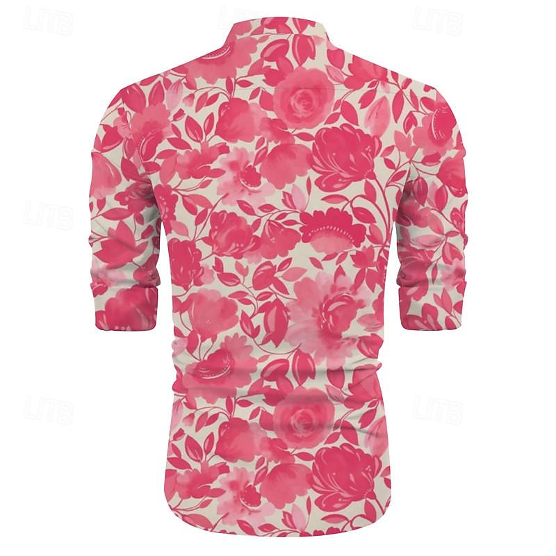 Men's Floral Tropical Flowers Rose Summer Hawaiian Shirt Aloha Shirt Printed Shirts Long Sleeve Shirt Standing Collar Hawaiian Resort Vacation Holiday Daily Wear Yellow Pink Red S M L3