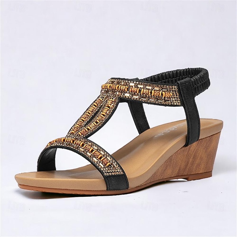 Women's Black Wedge Sandals with Rhinestone Embellishments and Elastic Strap – Stylish and Comfortable Summer Footwear3