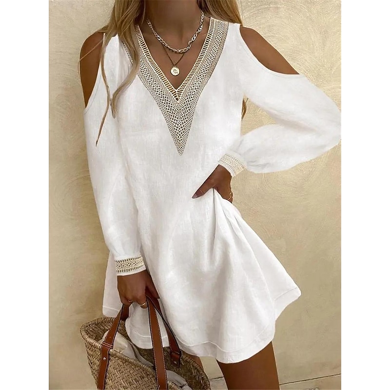 Women's Mini Dress Linen-Inspired Dresses White Dress Lace Dress Summer Dress Bohemia Date Loose Fit Long Sleeve V Neck Black White Fuchsia Light Blue Summer