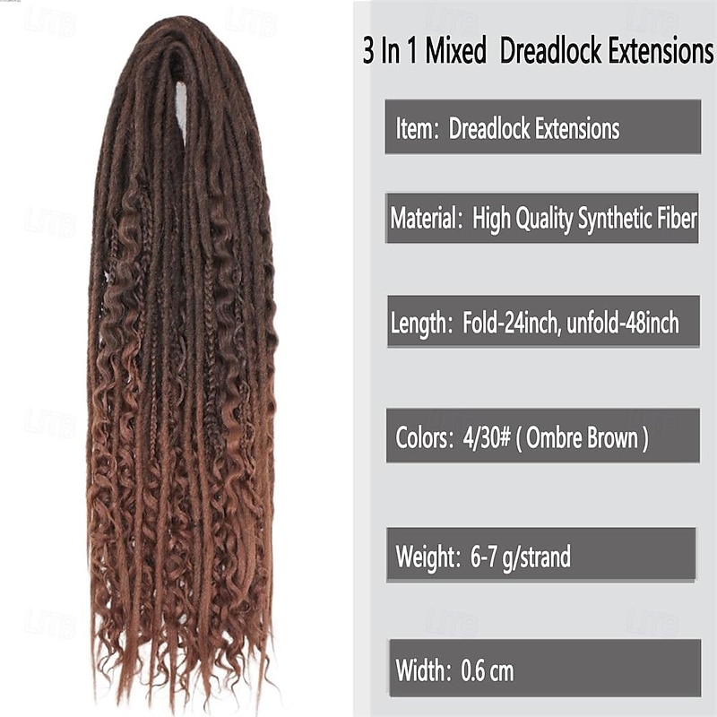 24 Inch 18 Strands Synthetic Double Ended Dreadlock Extensions 3 In 1 Mixed Curly Ends Hippie Style Boho Wavy DE Dreads Braid in Dreadlock Extensions3