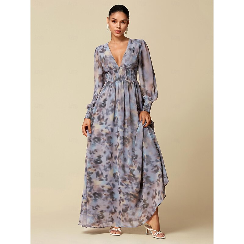 Women's Maxi Dress Wedding Guest Blue Long Sleeve Flower / Plants Chiffon Printing Spring &  Fall V Neck Pattern Dress Flying Dress Corset Dresses S M L2