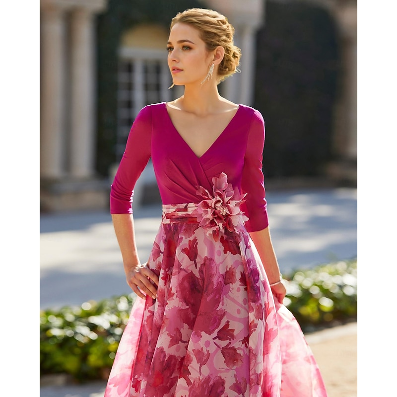 Beach Wedding A-Line Mother of the Bride Dress Formal Wedding Guest Elegant V Neck Floor Length Chiffon 3/4 Length Sleeve with Flower Wedding Guest Dress4