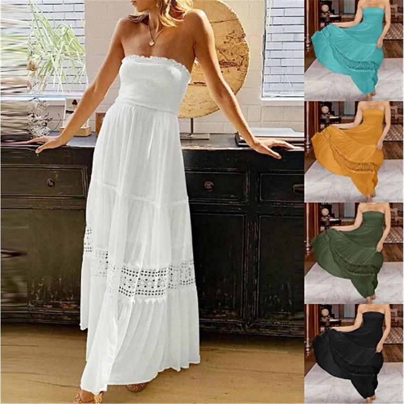 Women's Long Dress Maxi Dress White Dress Casual Dress White Lace Wedding Dress Boho Dress Elegant Streetwear Maxi Street Date Loose Fit Plain Sleeveless Strapless Black White Yellow Mint Green Summer3