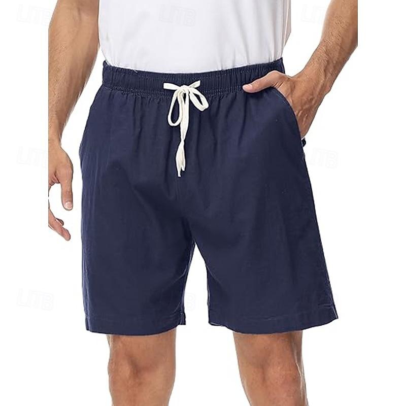 Men's Shorts Linen Shorts Summer Shorts Beach Shorts Drawstring Elastic Waist Plain Comfort Breathable Short Casual Daily Beach Fashion Classic Style Black Navy Blue