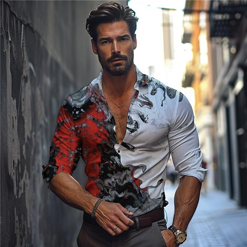Men's Optical Illusion Button Up Shirt Printed Shirts Long Sleeve Subcultural Vacation Party Street Spring & Summer Turndown Print Button-Down Red Blue Purple Green Gray2