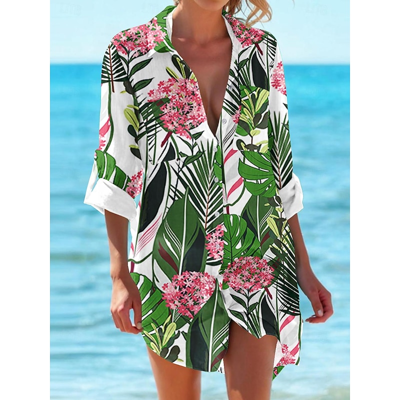 Women's Mini Dress Shirt Dress Hawaiian Shirts  Flowy  Vacation Beach Floral Buttons Print Long Sleeve Long  Shirt Collar Casual Holiday Beach Purple Green Summer Holiday Clothes Beach Wear2