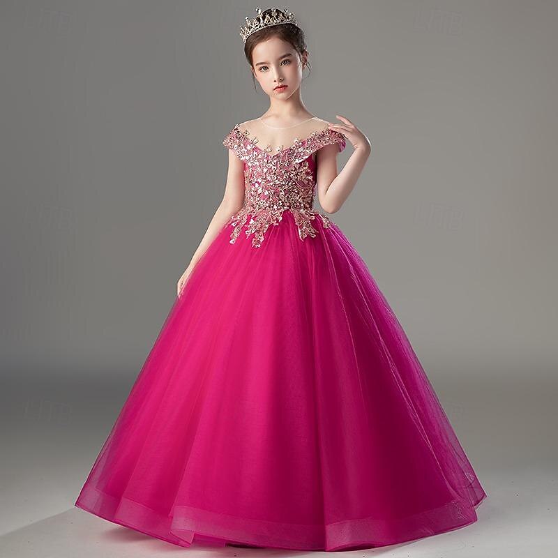 Kids Girls' Party Dress Solid Color Short Sleeve Performance Wedding Mesh Princess Sweet Mesh Mid-Calf Sheath Dress Tulle Dress Flower Girl's Dress Summer Spring Fall 2-12 Years Rose Red4