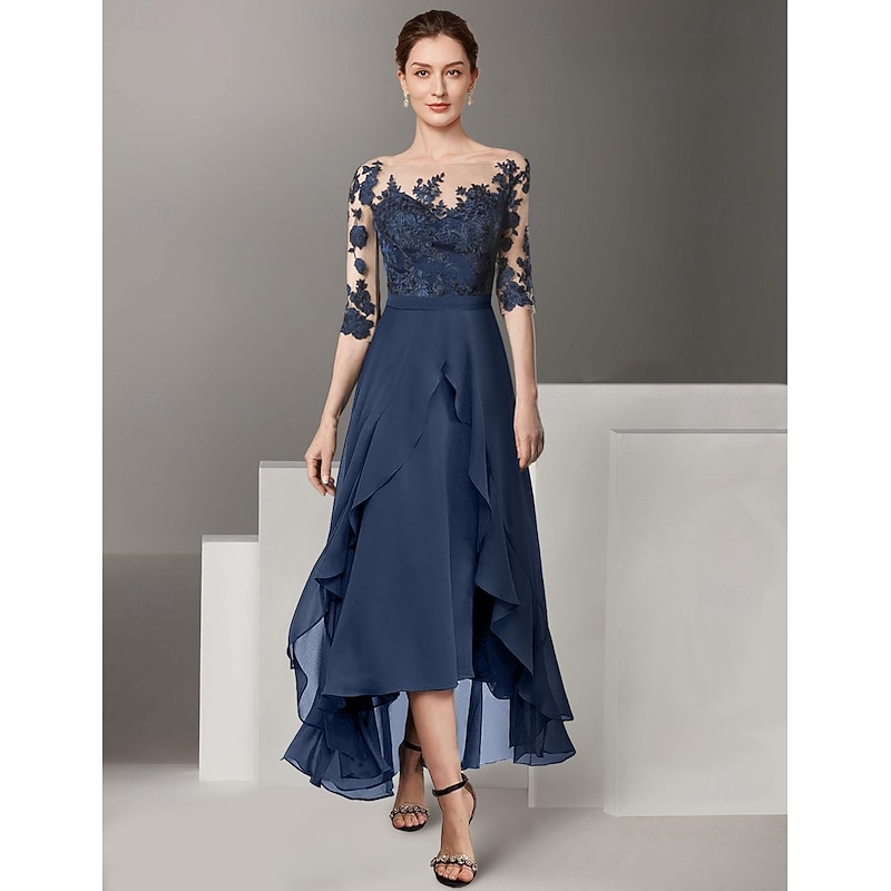 A-Line Mother of the Bride Dress Formal Wedding Guest Elegant High Low Off Shoulder Ankle Length Chiffon Lace Half Sleeve with Pleats Appliques