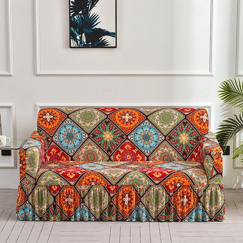 Floral Printed Sofa Cover Stretch Slipcovers with Skirt,Soft Durable Couch Cover 1 Piece Spandex Fabric Washable Furniture Protector fit Armchair Seat/Loveseat/Sofa/XL Sofa/L Shape Sofa 17