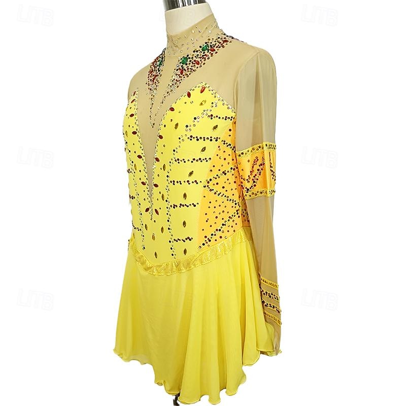 Figure Skating Dress Women's Girls' Ice Skating Dress Yellow Patchwork Thumbhole Mesh Spandex Stretchy Training Practice Professional Skating Wear Crystal / Rhinestone Long Sleeve Ice Skating Figure4