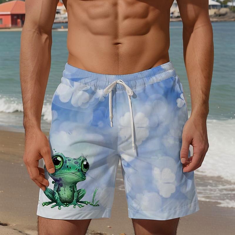 St. Patrick Day Men's Animal Four Leaf Clover Frog Swim Trunks Swim Shorts Board Shorts Mid Waist Vacation Hawaiian Holiday Vacation Holiday Beach Drawstring with Mesh lining Elastic Waist Designer3