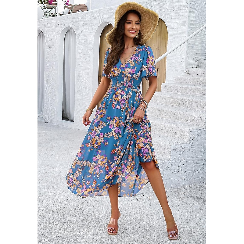 Women's Sheath Dress Chiffon Dress Sundress Floral Graphic Elastic Waist Print V Neck Cold Shoulder Long Dress Maxi Dress Elegant Tropical Party Date Short Sleeve Summer Spring 22