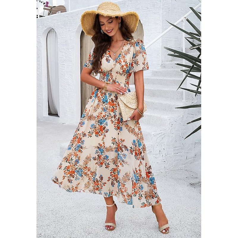 Women's Sheath Dress Chiffon Dress Sundress Floral Graphic Elastic Waist Print V Neck Cold Shoulder Long Dress Maxi Dress Elegant Tropical Party Date Short Sleeve Summer Spring 17