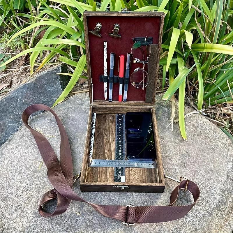 Wooden Handmade Portable Crossbody Postman Bag, Multifunctional Artist Tool Brush Storage Box (Wood Color) Gift2