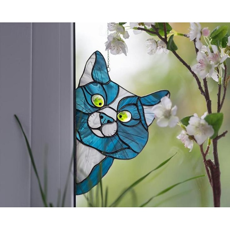 Cat Window Hangings, Handmade Stain Glass Cat Suncatcher, Stained Glass Cute Cat Window Hanger Peeking Sun Catcher Acrylic Cat Stained Glass Cat Window Hanger for Cat Lovers3