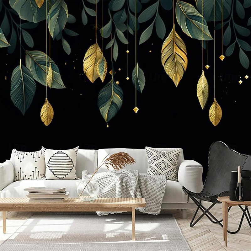 Cool Wallpapers Green Gold Plant Wallpaper Wall Mural Roll Sticker Peel and Stick Removable PVC/Vinyl Material Self Adhesive/Adhesive Required Wall Decor for Living Room Kitchen Bathroom4