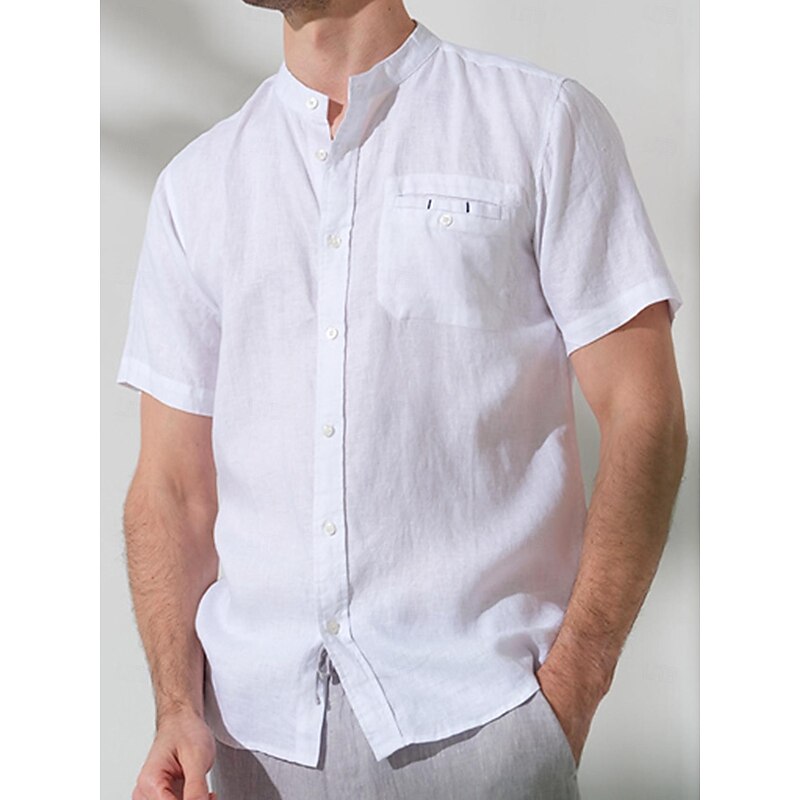 45% Linen Pocket Men's Linen Shirt Shirt Button Up Shirt Summer Shirt White Dark Navy Blue Short Sleeve Plain Stand Collar Summer Outdoor Daily Clothing Apparel4
