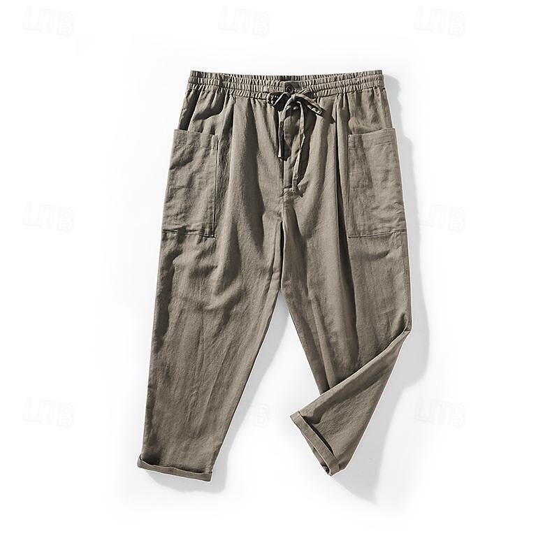 100% Linen Men's Linen Pants Trousers Summer Pants Pocket Drawstring Elastic Waist Plain Breathable Comfortable Daily Vacation Going out Classic Casual Navy Blue Light Grey