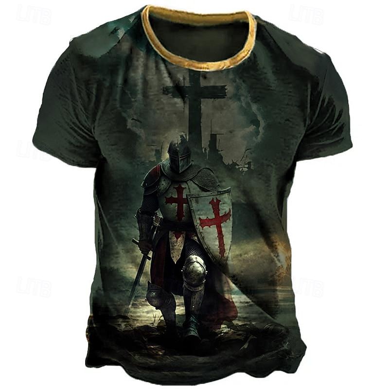 Men's Graphic Knights Templar T Shirt Distressed T Shirt Short Sleeve T shirt 3D Print Crew Neck Shirt Vintage Fashion Designer Outdoor Daily Sports Black Brown Green Spring & Summer Clothing Apparel3