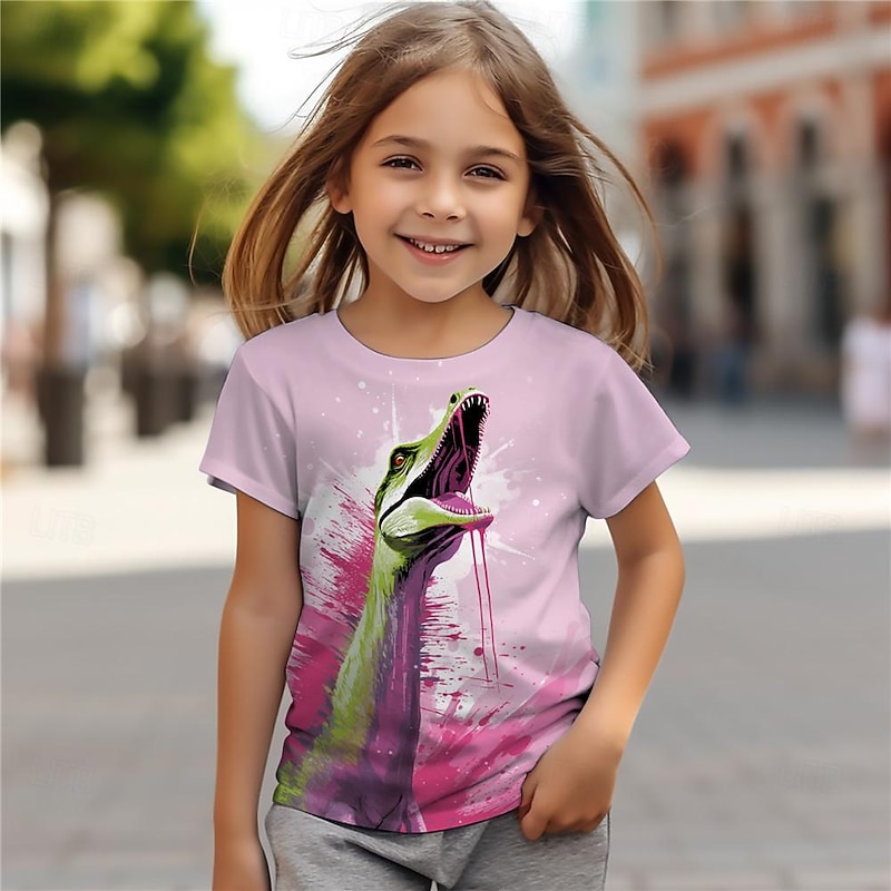 Girls' 3D Floral Dinosaur Tee Shirts Pink Short Sleeve 3D Print Summer Active Fashion Cute Polyester Kids 3-12 Years Crew Neck Outdoor Casual Daily Regular Fit3