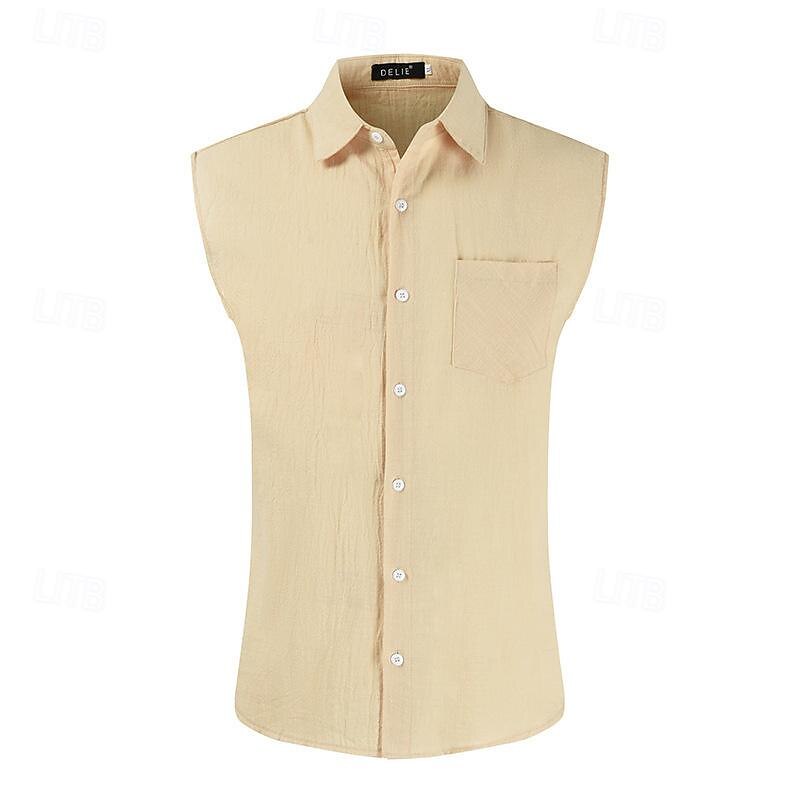 Men's Shirt Linen Shirt Cotton Linen Shirt White Cotton Shirt Summer Shirt Beach Shirt Plain Vacation Street Khaki Army Green Sleeveless Lapel Summer Clothing Apparel Front Pocket2
