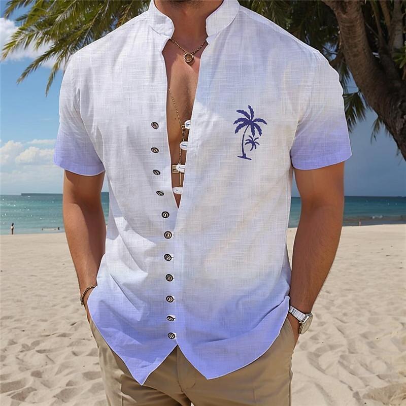 Men's Palm Tree Tropical Plants Summer Hawaiian Shirt Aloha Shirt Printed Shirts Short Sleeves Shirt Standing Collar Hawaiian Resort Vacation Holiday Daily Wear Yellow Blue Purple S M L4