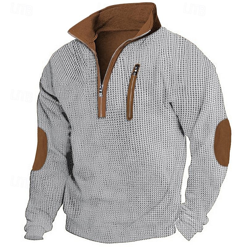 Men's T Shirt Waffle Knit Tee Tee Top Long Sleeve Shirt Long Sleeve Quarter Zip Spring &  Fall Color Block Fashion Designer Basic Patchwork Zipper Vacation Street Going out Black Navy Blue khaki Top2