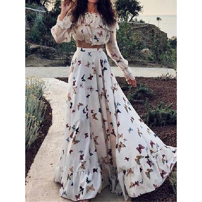 Women's Dress Set Casual Dress Boho Chic Dresses Long Sleeve Boho Dress Vacation Bohemia Fashion Ruffle Print Long Dress Maxi Dress Off Shoulder Long Sleeve Butterfly Loose Fit Summer Spring2